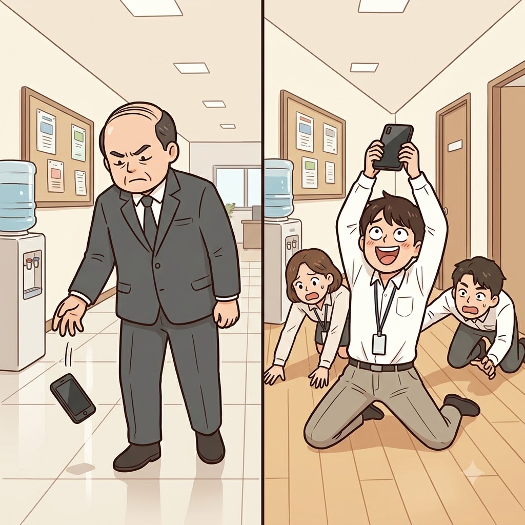"사장님 폰(fawn) 여기 있습니다!" 바닥에 몸을 던져 물건을 주우며, 직원은 상사에게 격렬하게 알랑거렸다(fawn).