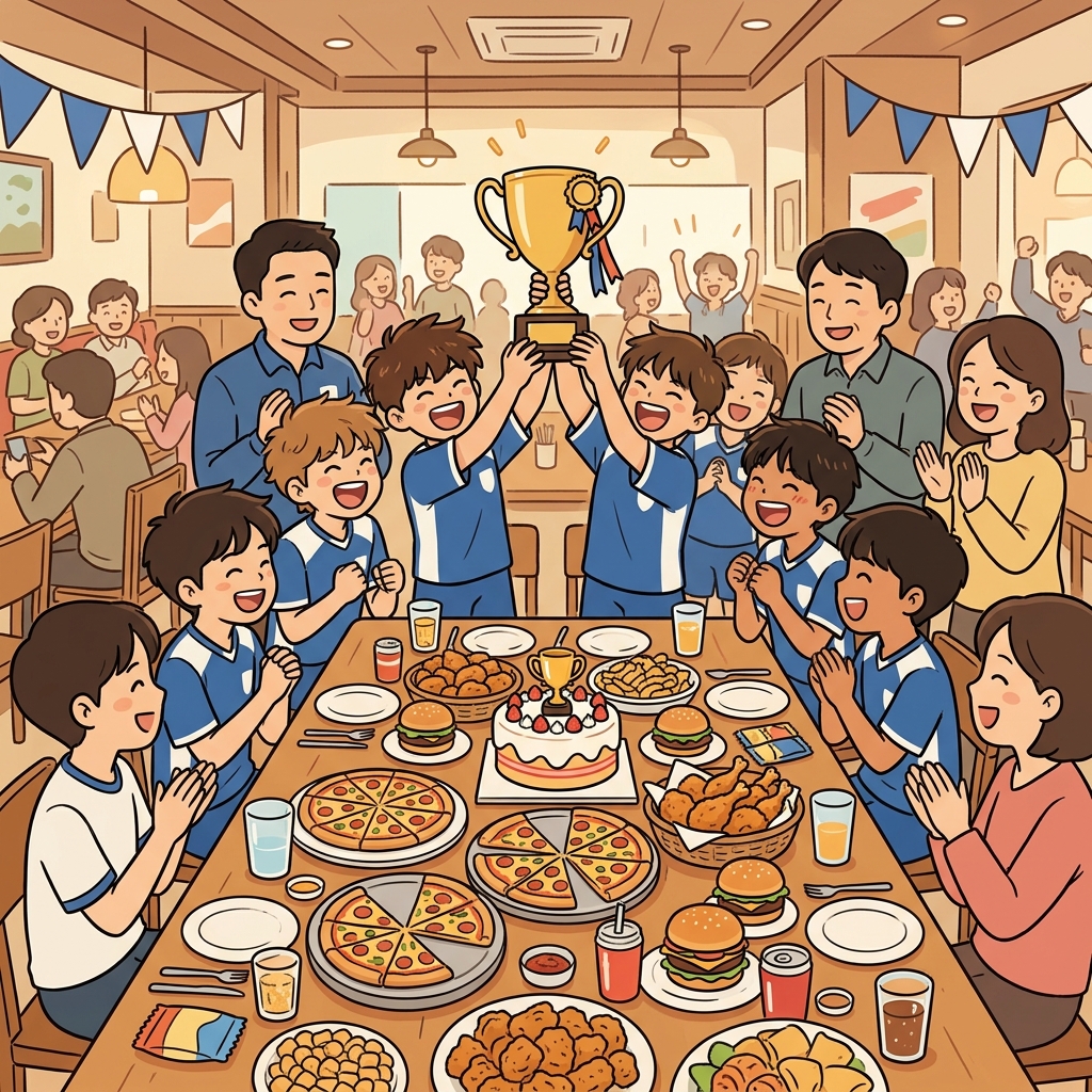 아이들은 우승을 축하하며 성대한 잔치를 즐겼다. ("피~ 잔치!" → 피자까지 가득한 잔치)