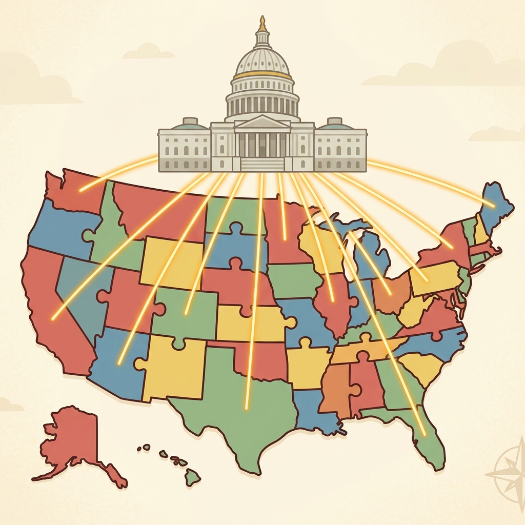 The federal government of the United States works with fifty states to govern the country.