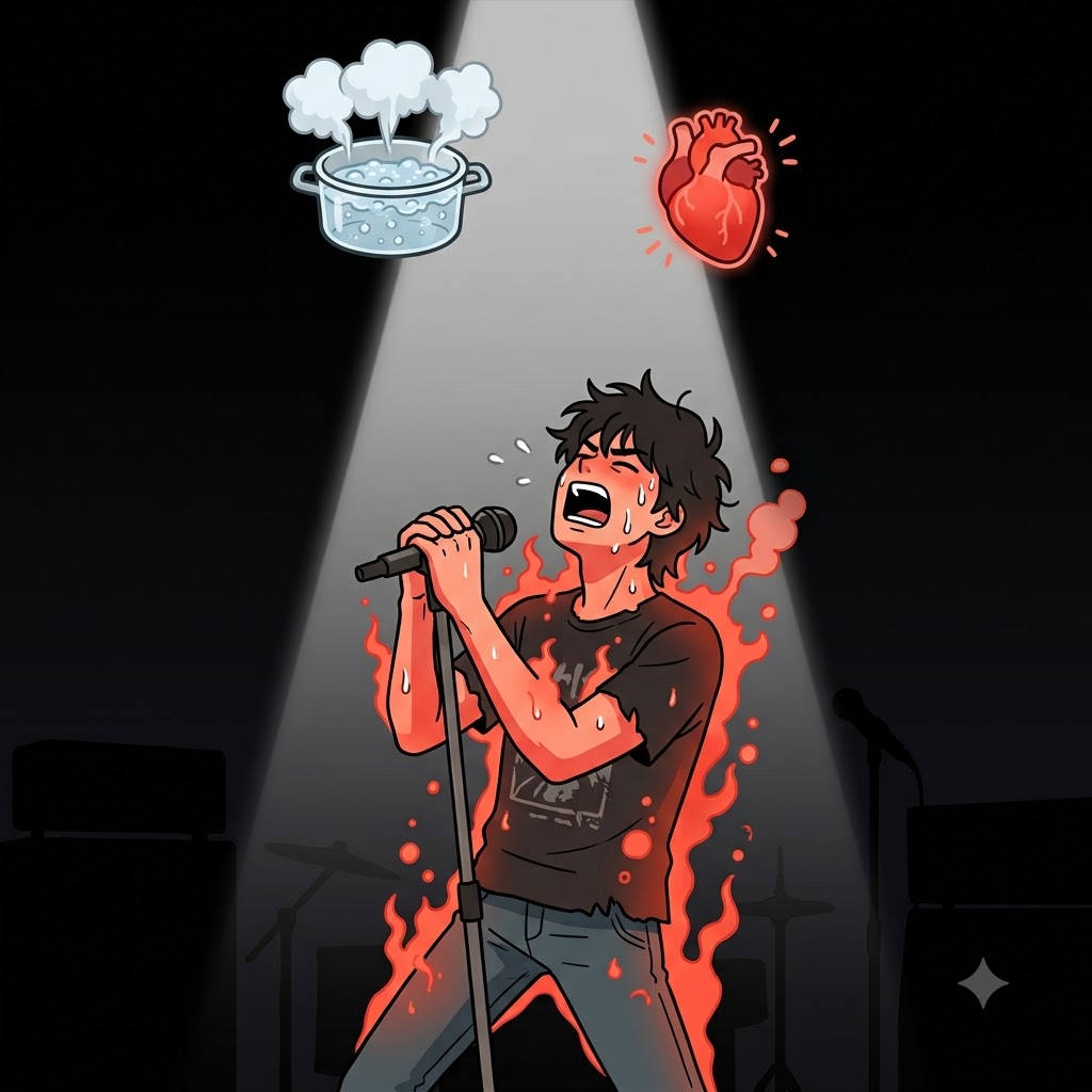 FERV(boil) + OR(state) — singing until his throat felt like a BOILing state, the singer performed with unmatched fervor.