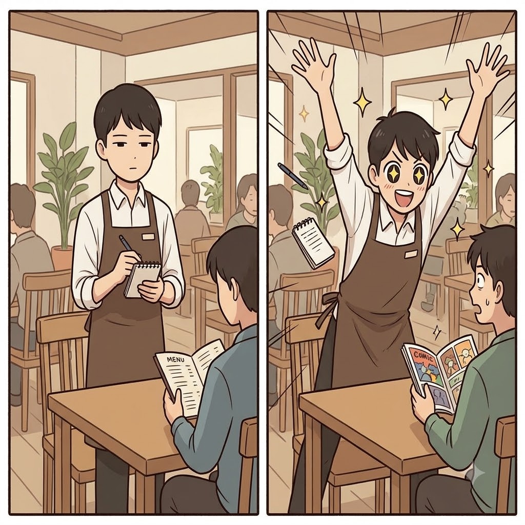 The usually quiet restaurant server suddenly spoke about his favorite movie with intense fervor.