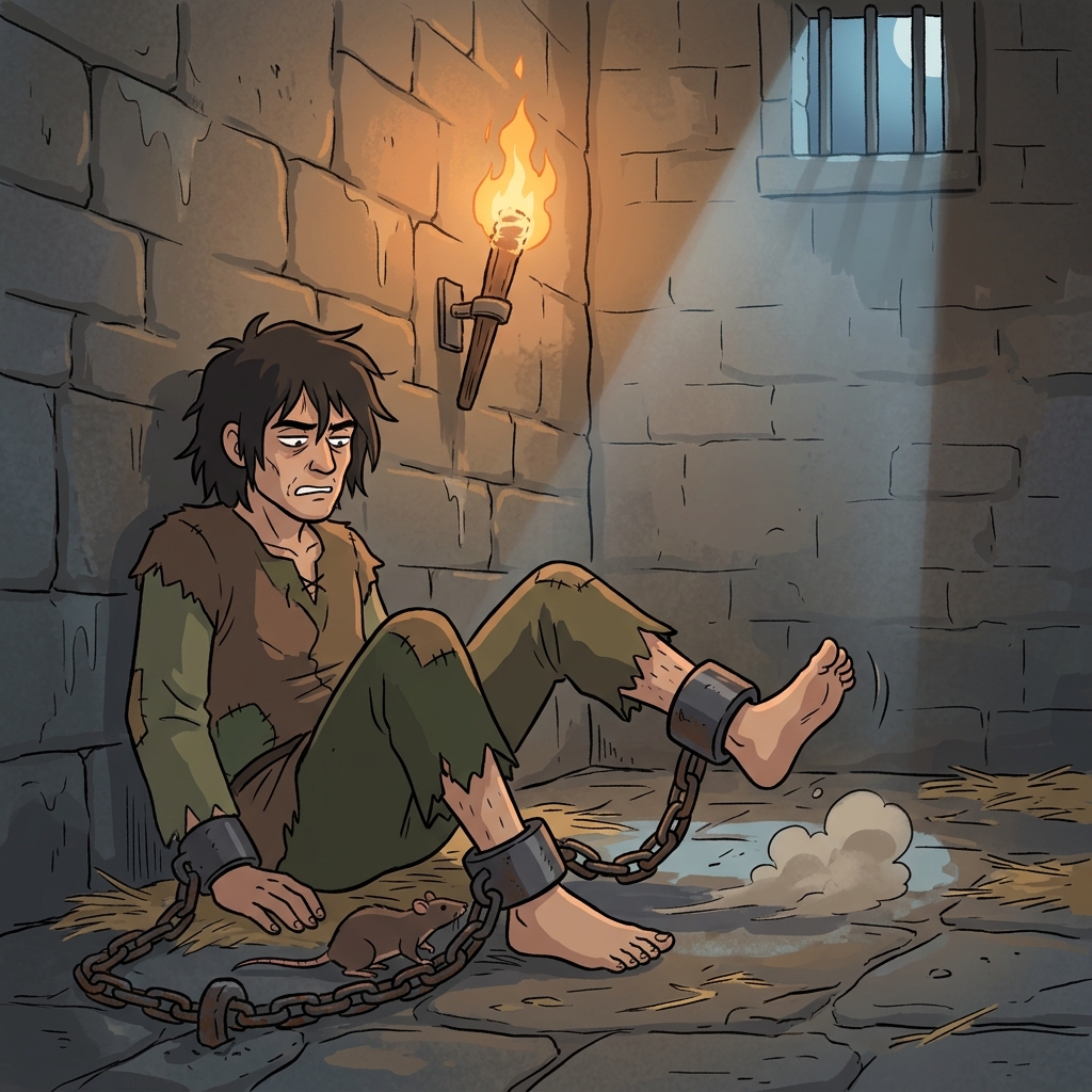Heavy iron fetters chain the prisoner's ankles to the dungeon wall.