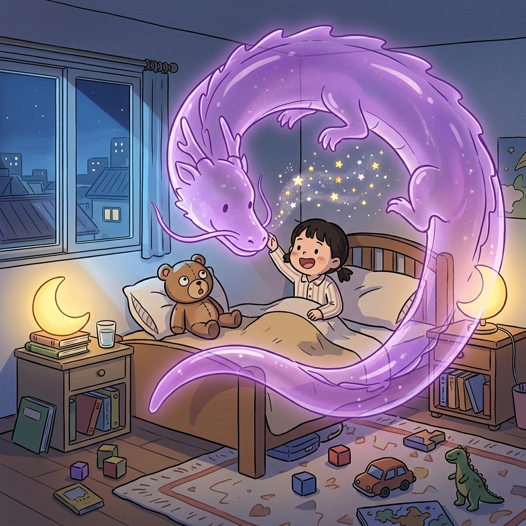 The lonely child's figment became a giant purple dragon guarding her bedroom.