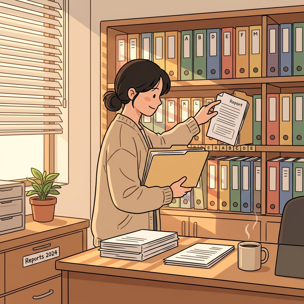 She placed the report into the correct file on the shelf.