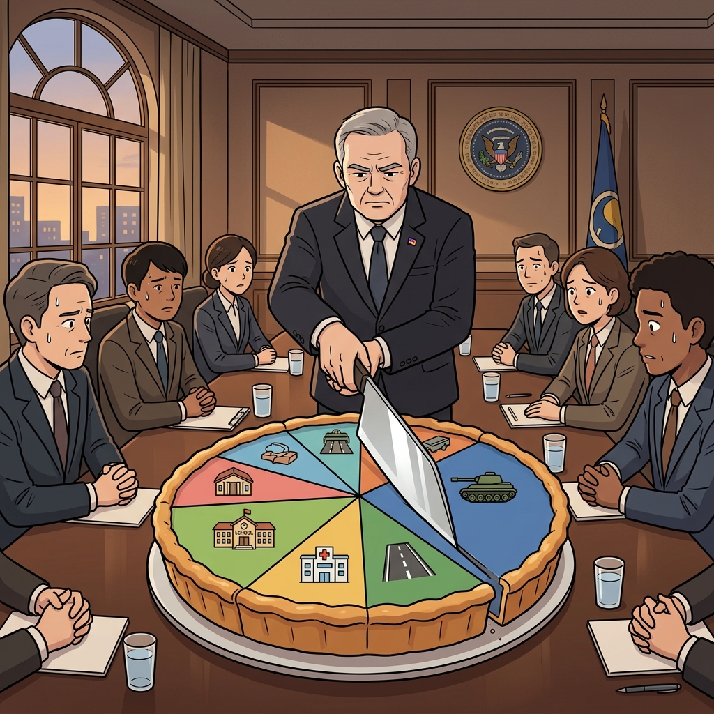 The strict minister finalized the fiscal budget, slicing a massive pie chart into perfectly calculated pieces.