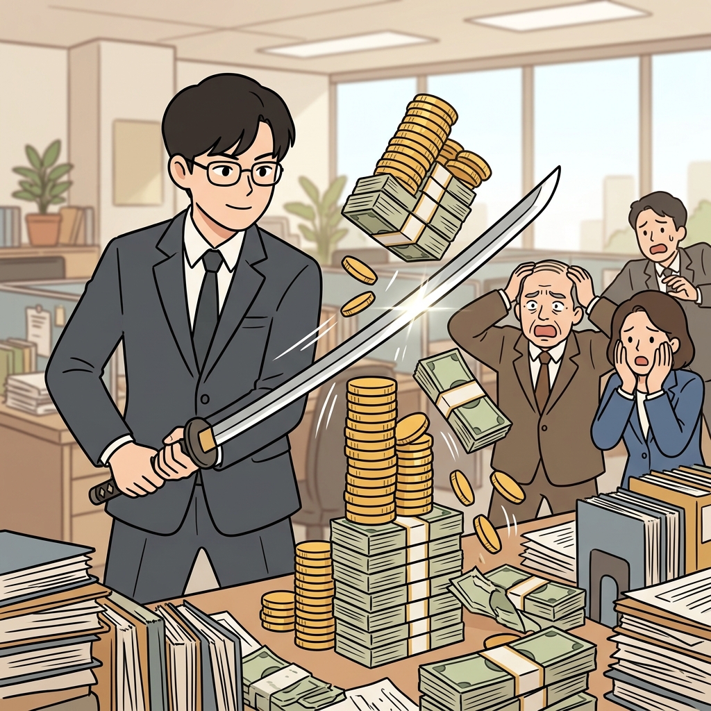 재정 담당자는 자비 없이 진짜 칼을 뽑아 들고 불필요한 예산을 베어버렸다. ("피 스윽 칼(컬)"
→ 예산 삭감을 위해 피(blood)도 눈물도 없이 스윽 칼(컬)을 뽑아 드는 무자비한 재정(fiscal) 담당자의 모습)