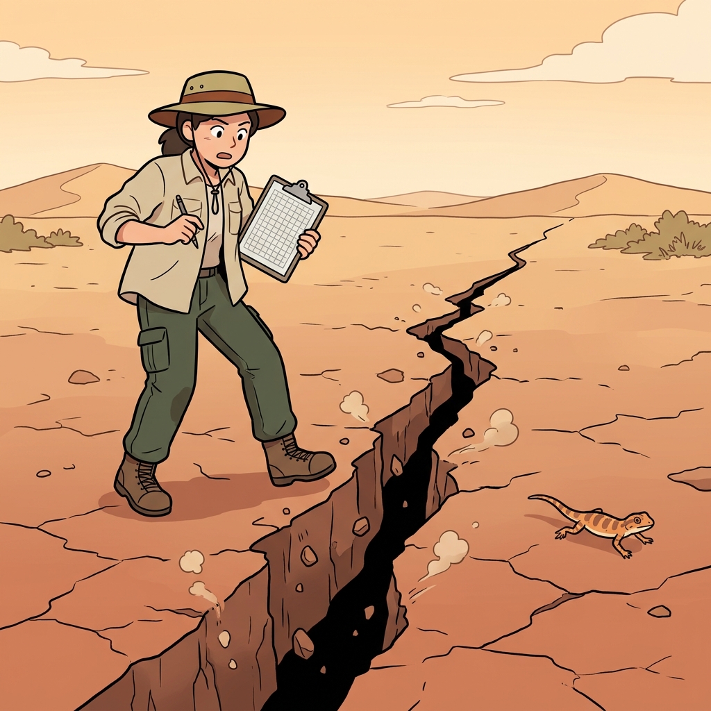 A deep fissure suddenly splits the desert ground beneath the geologist's boots.