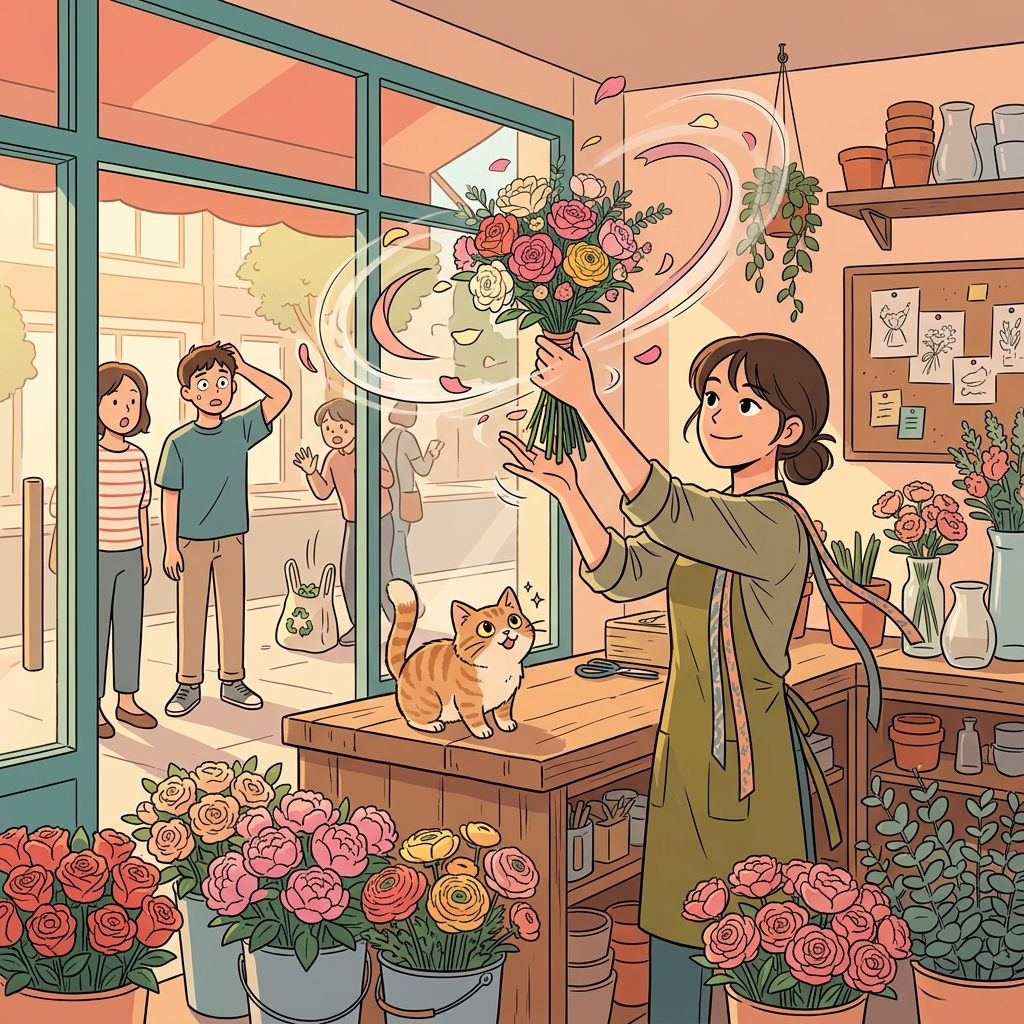 She arranges the flowers with such flair that customers stop to stare.