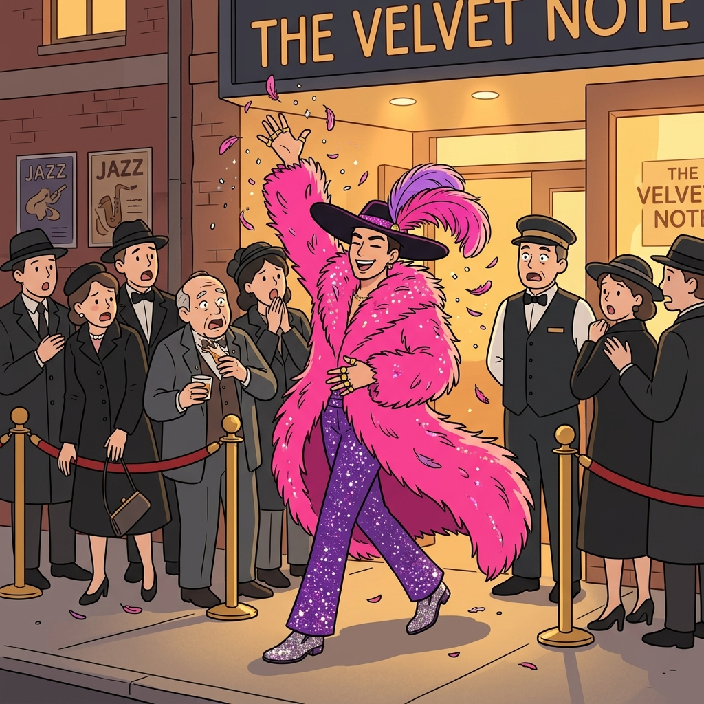 His flamboyant outfit turned every head at the jazz club entrance.