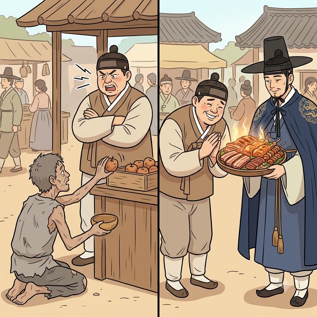 "거대한 고기 플래터(flatter)를 가져왔습니다!" 탐욕스러운 상인은 부유한 귀족에게 아첨하기(flatter) 위해 음식을 바쳤다. (거대한 바비큐 '플래터(platter/flatter)'를 통째로 바치며 손을 비비고 아첨)