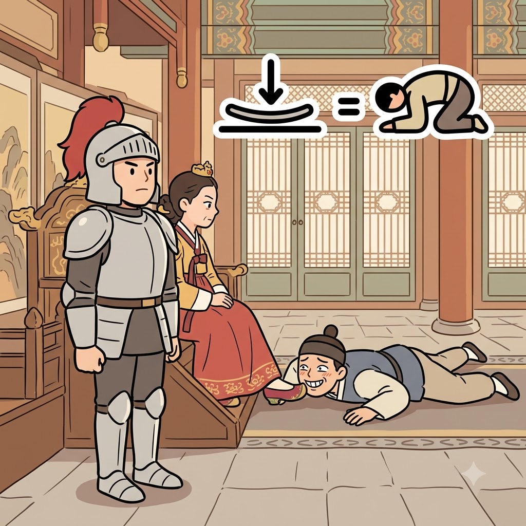 FLAT(flat) + TER(suffix) — making his body completely FLAT on the floor, the cowardly servant attempted to flatter the angry queen.