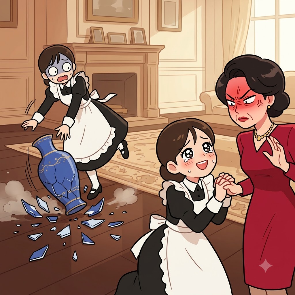 After the vase began to shatter, the maid started flattering her furious owner.