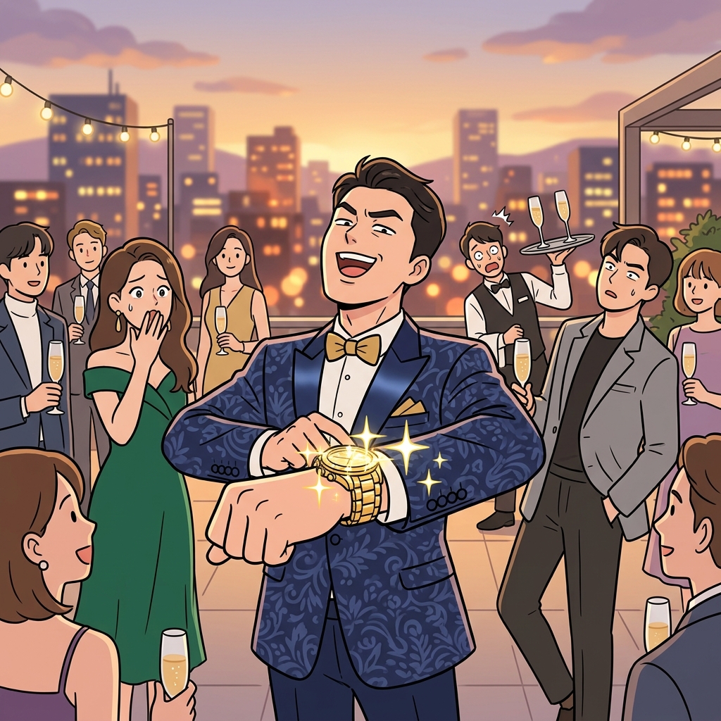 He loves to flaunt his new gold watch to everyone at the party.