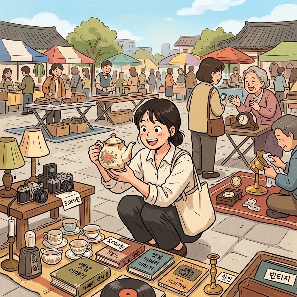 일요일마다 벼룩시장에서 보물 찾기 하는 게 그녀의 낙이다.