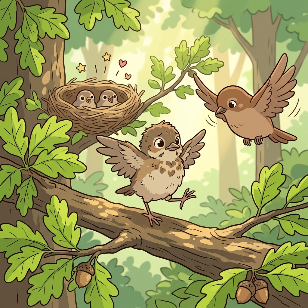 The fledgling bird flaps clumsily on the branch, ready for its first flight.