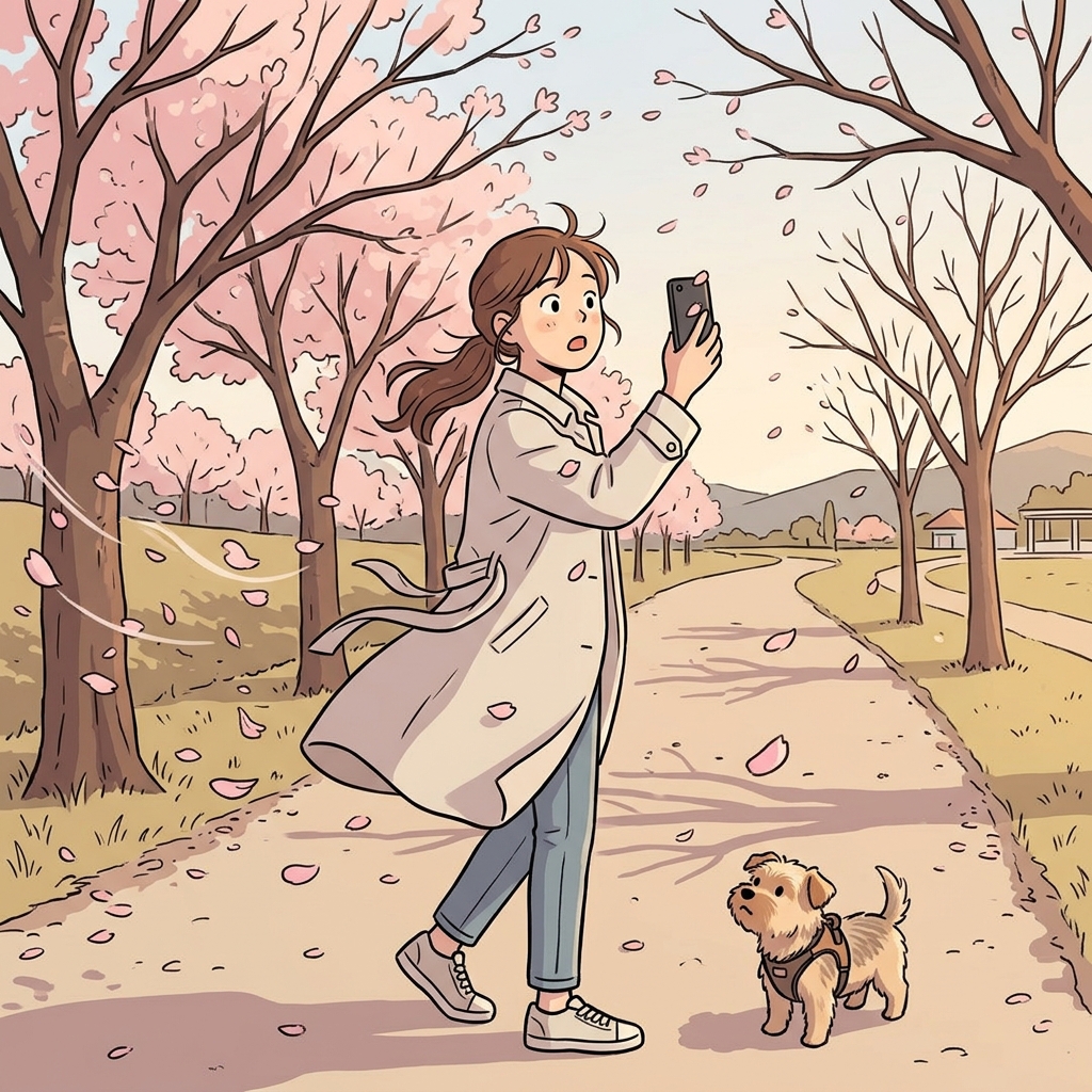 The fleeting cherry blossoms fell before she could take a photo.