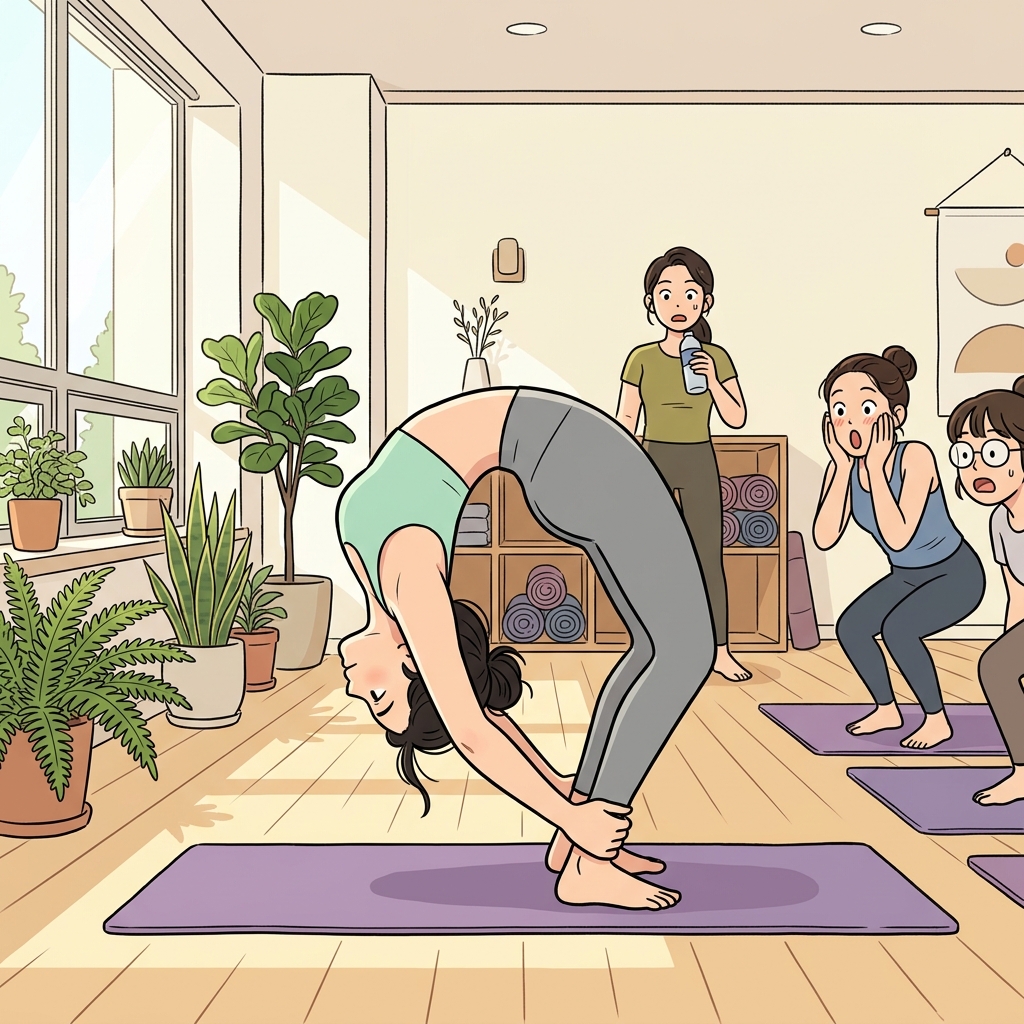 Her flexibility lets her fold like paper during morning yoga class.