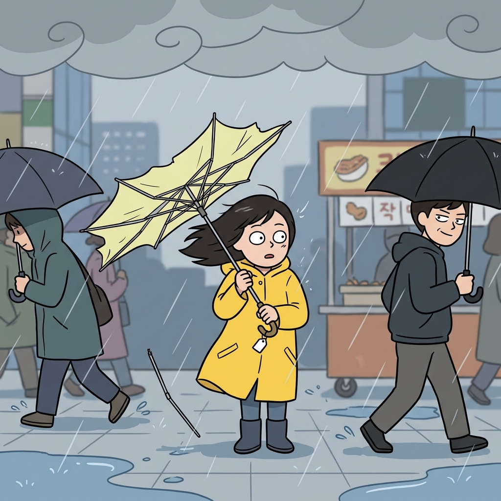 The flimsy umbrella collapsed the moment the first gust hit her.