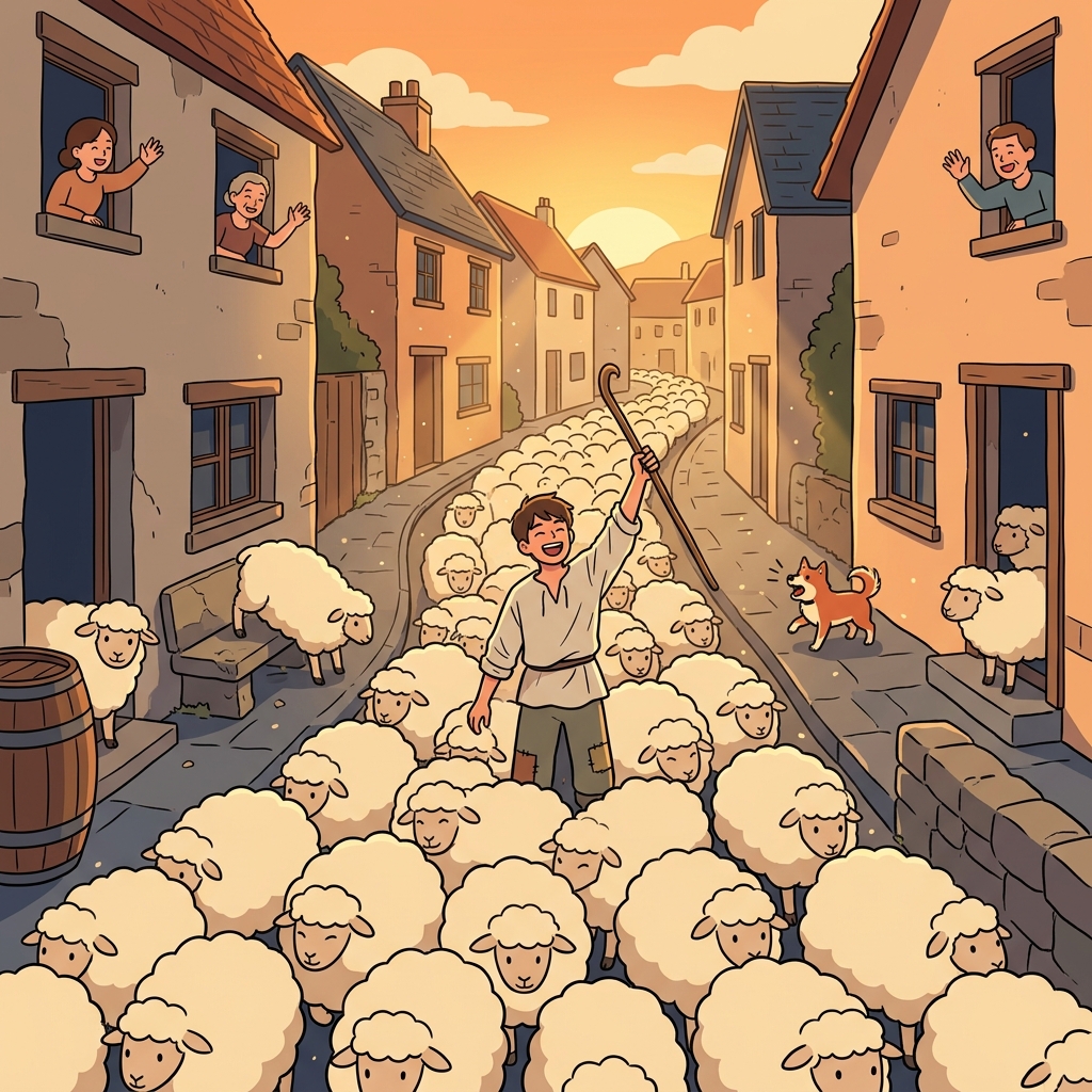 A huge flock of sheep floods the narrow village road at sunset.