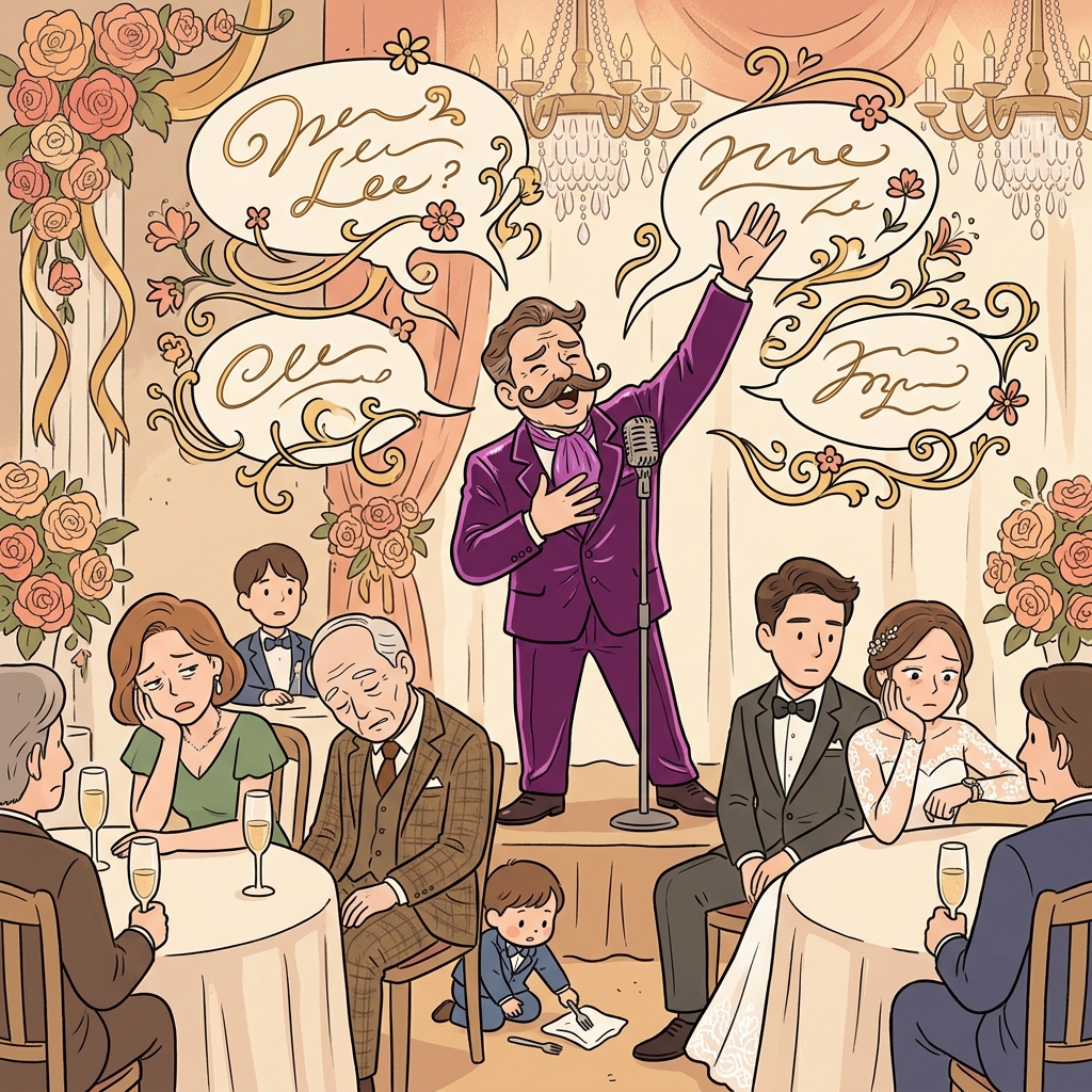 His florid speech at the wedding lasted twenty minutes and lost everyone.