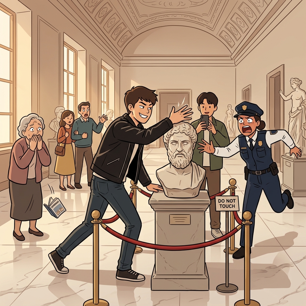 He decided to flout the museum rules and touch the ancient sculpture.