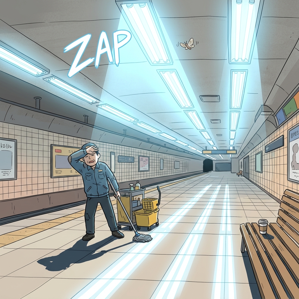 The fluorescent tubes buzz to life, flooding the empty subway station with cold white light.