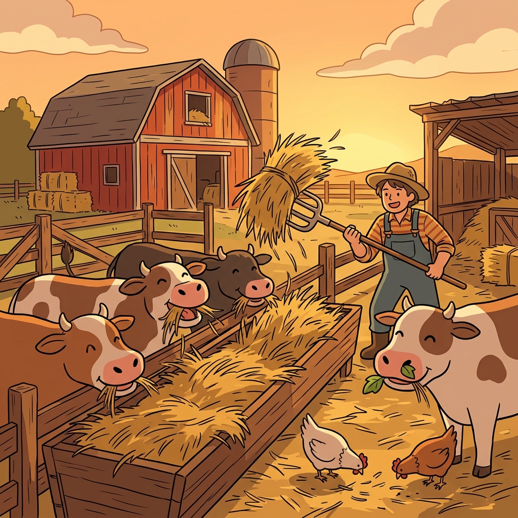 The farmer tosses fresh hay as fodder to the hungry cows at sunset.