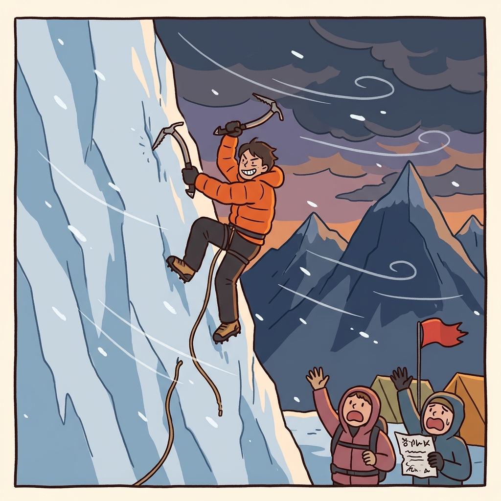 The foolhardy climber ignored the storm warning and scaled the icy cliff alone.