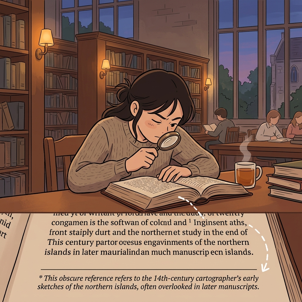 She squints at a tiny footnote hidden at the bottom of the ancient page.