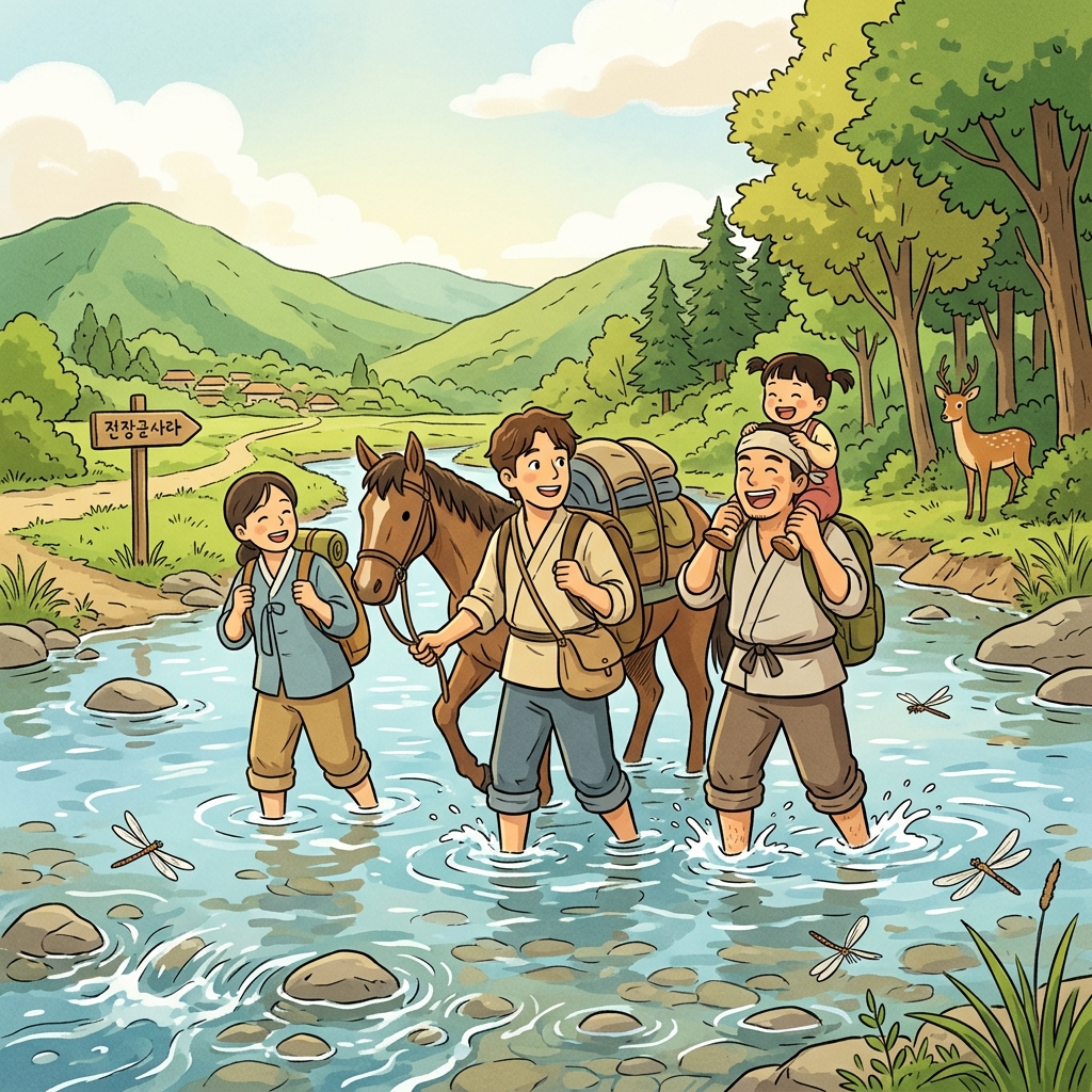 The travelers ford the shallow river where the water runs low and clear.
