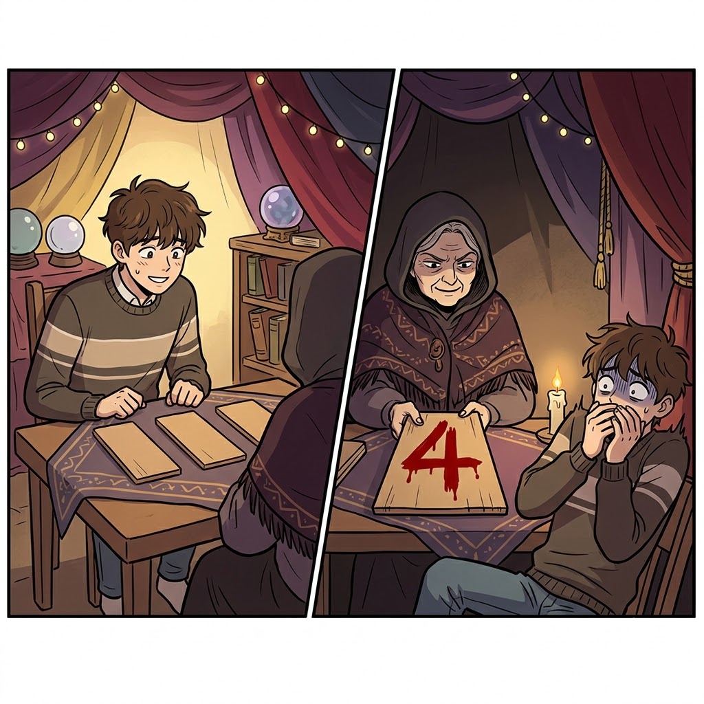 "숫자 포(fore/4)가 적힌 보드(bode/board)를 뽑았군!" 점쟁이는 숫자 4가 적힌 나무판을 뒤집어 손님의 끔찍한 불운을 명확히 예고했다(forebode).