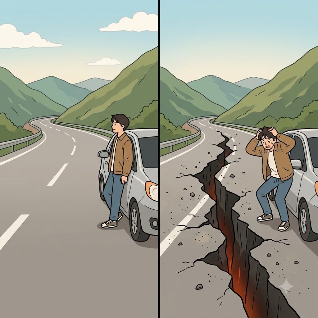 The sudden crack in the quiet road filled the driver with a sense of foreboding.