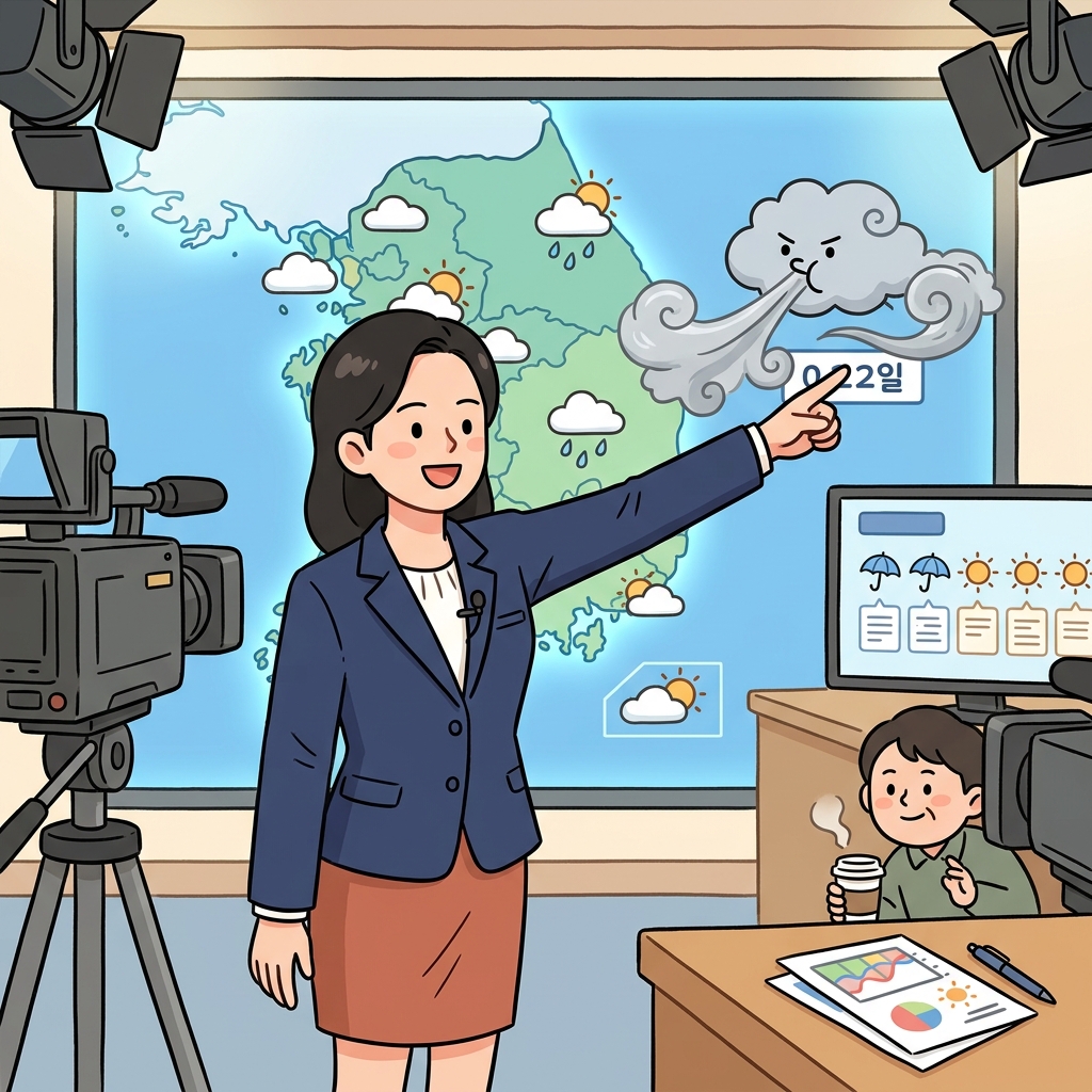기상 예보관이 지도 위 폭풍우를 가리키며 내일 날씨를 설명한다.