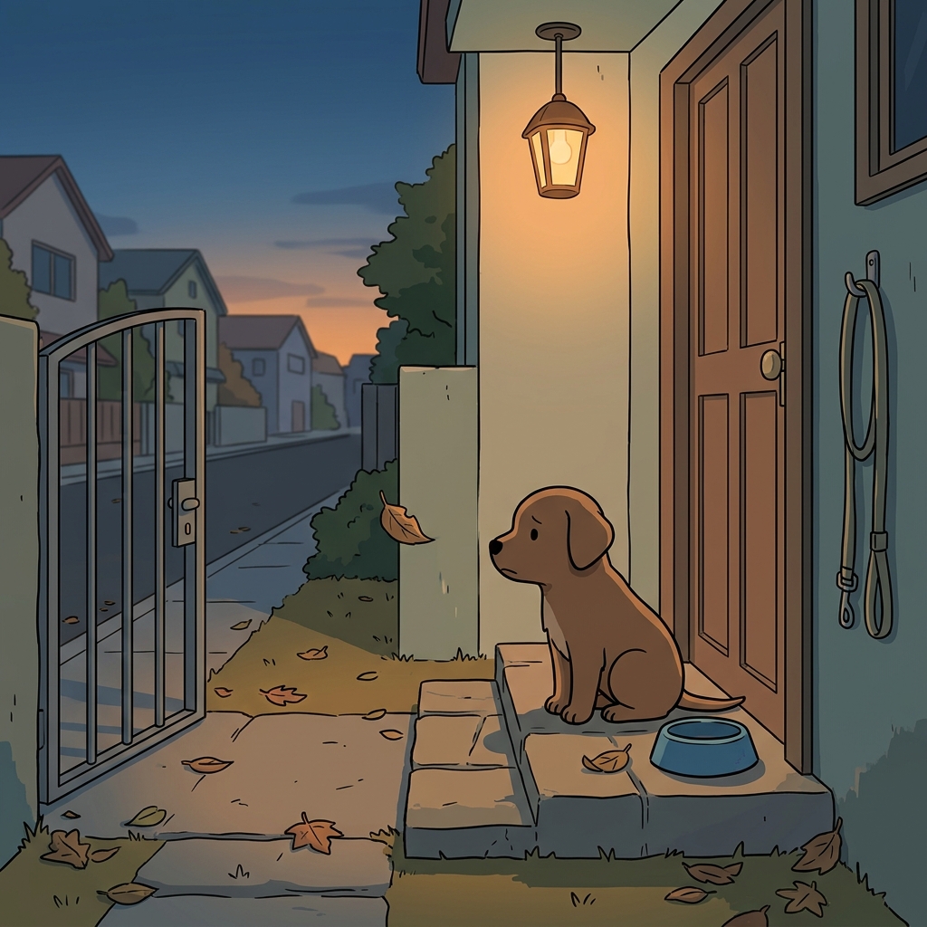 The forlorn puppy waited by the empty doorway, hoping its owner would return.