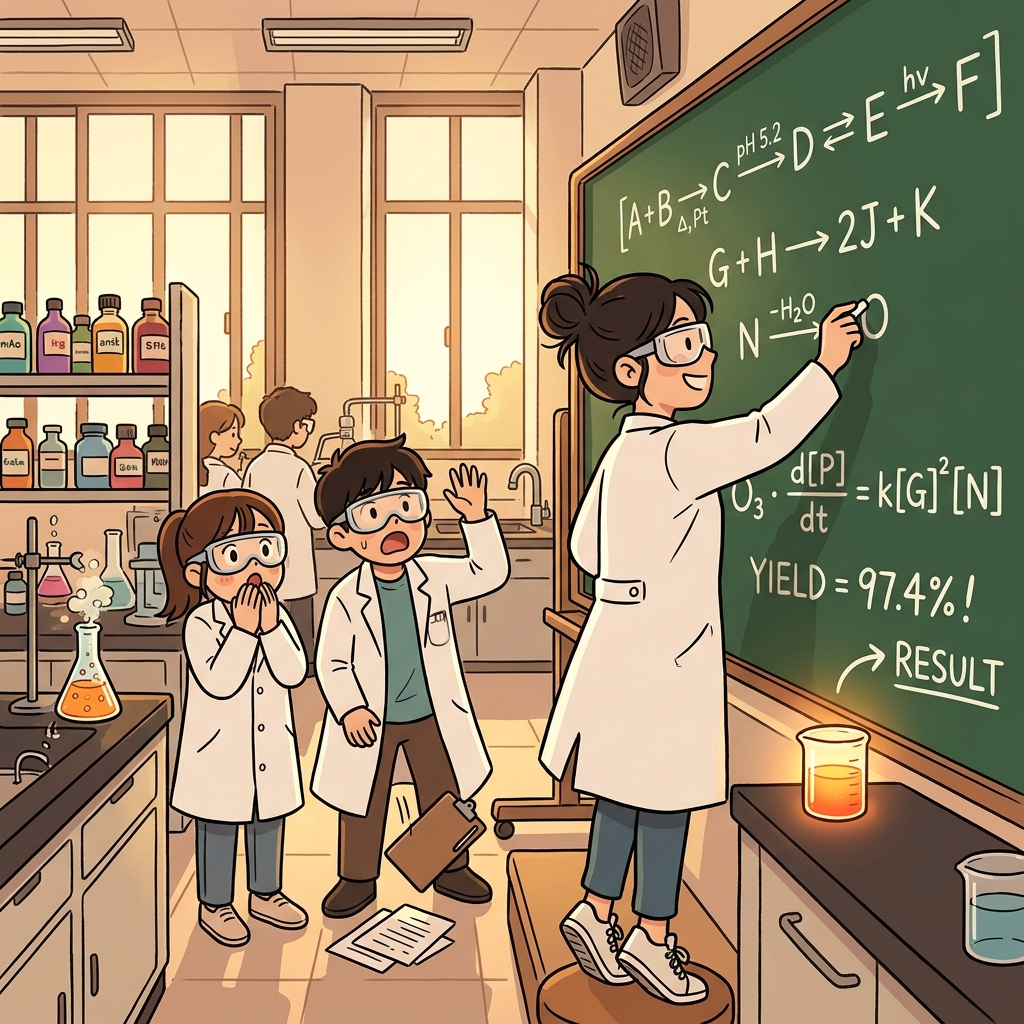The chemist writes a precise formula on the board to synthesize the new compound.