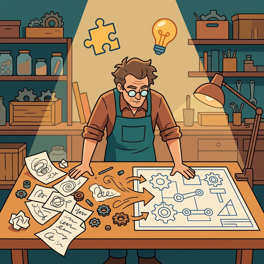 The engineer formulated a new design by forming many rough ideas into one clear plan. (FORM + LATE → form scattered ideas into a final plan)