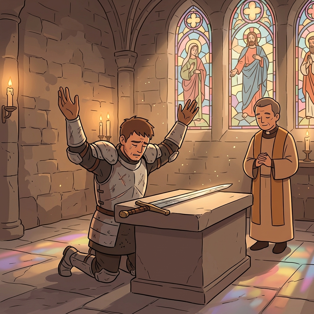 The knight kneels and vows to forswear violence, laying his sword before the altar forever.