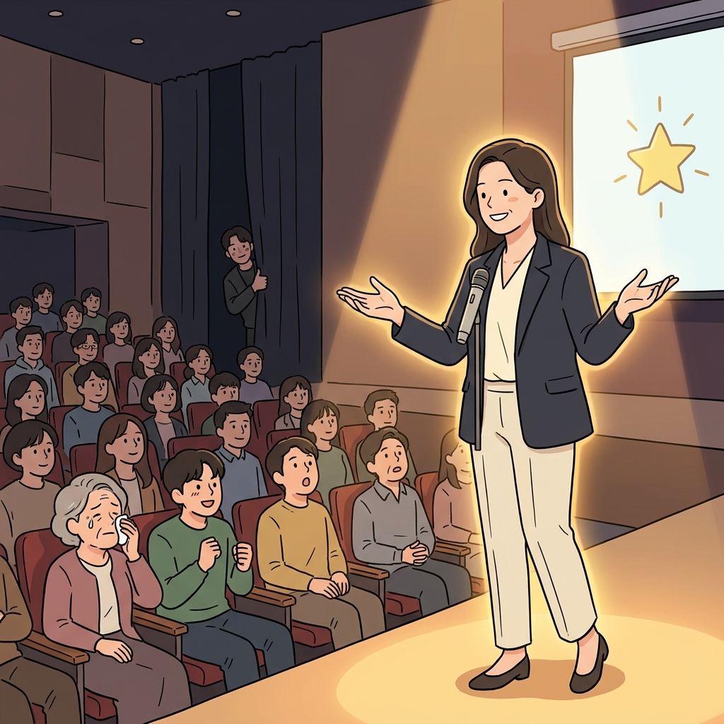 Public speaking is her forte — she owns the stage effortlessly.