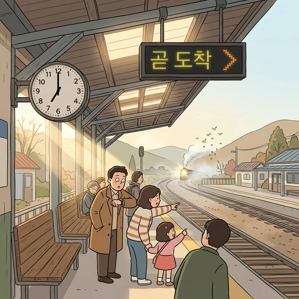 곧 도착할 기차를 기다리며 사람들이 플랫폼에 모여든다.