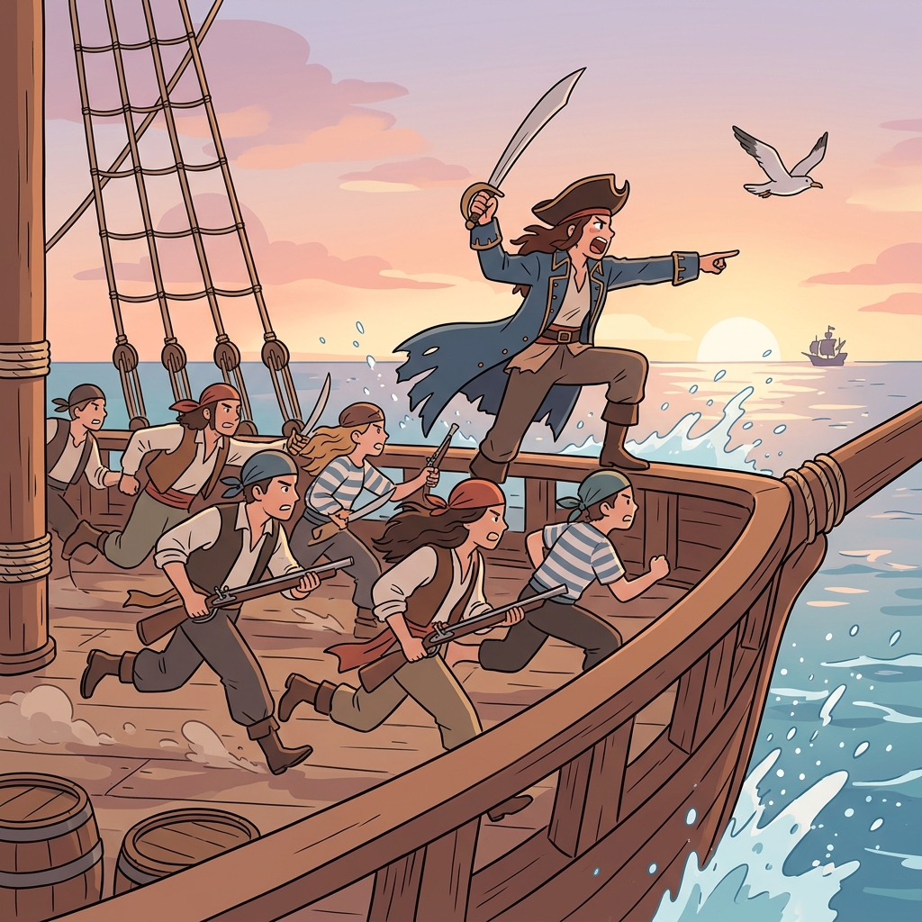 The captain shouts 'forward!' and the crew charges ahead into battle.