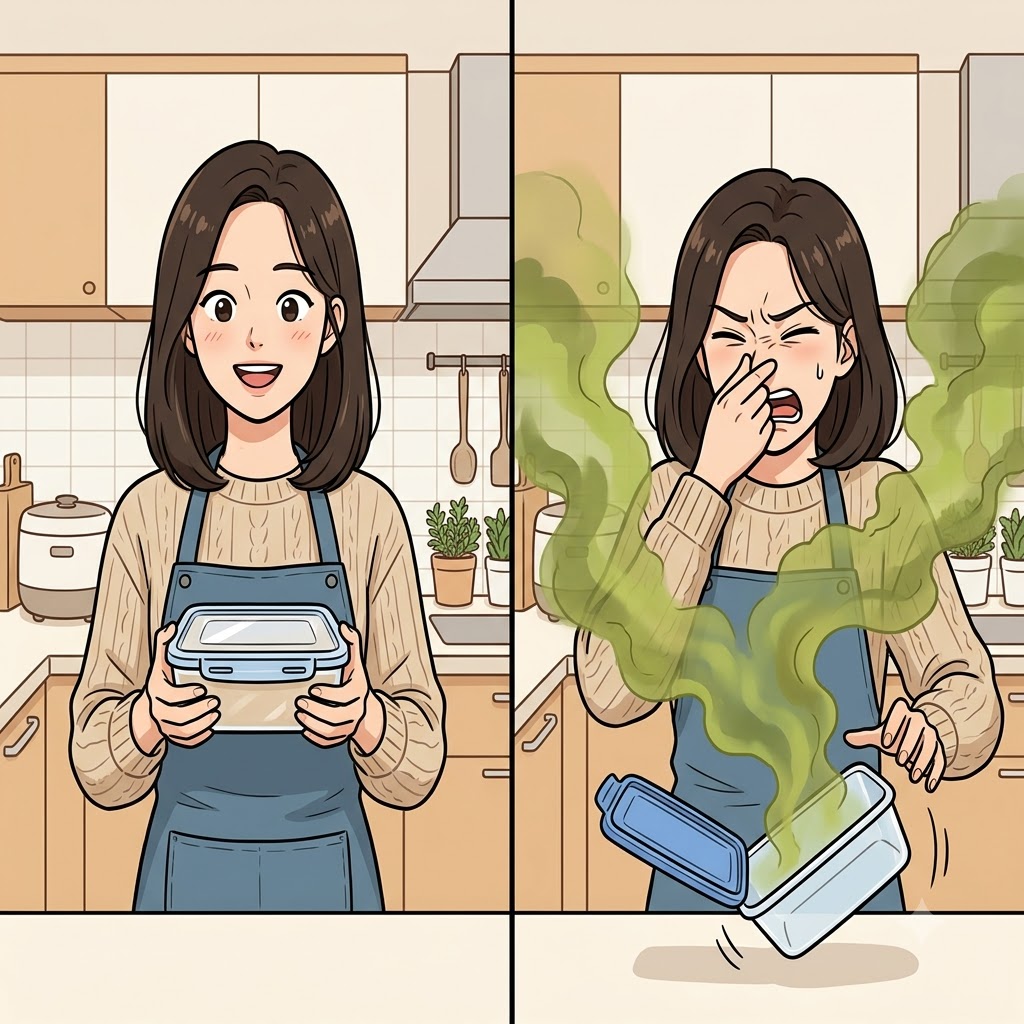 Opening the lid of the old plastic container, a completely foul and green smell violently hit her face.