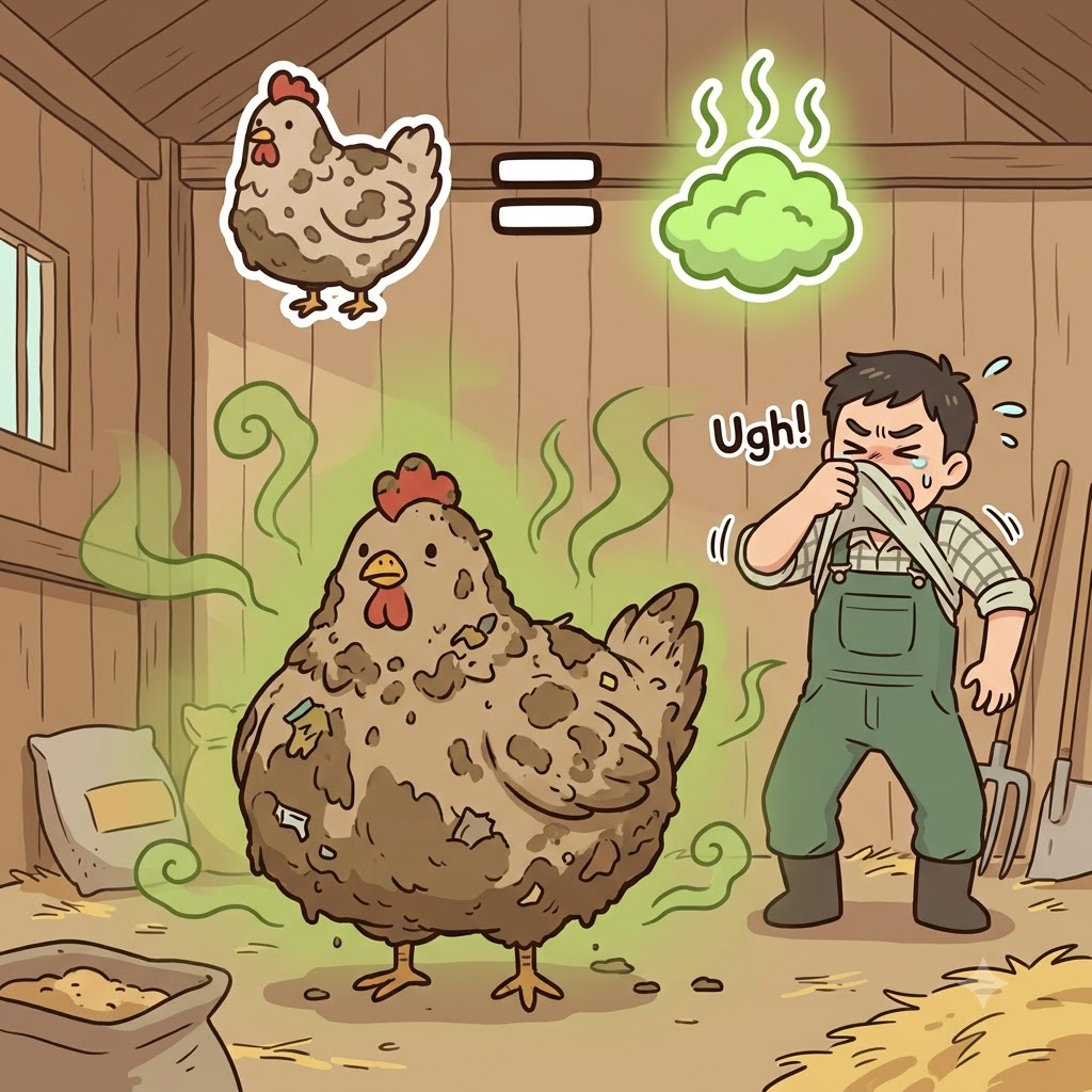 FOWL(bird) = FOUL(smell) — the giant, dirty, muddy FOWL(chicken) made the entire barn smell absolutely foul.