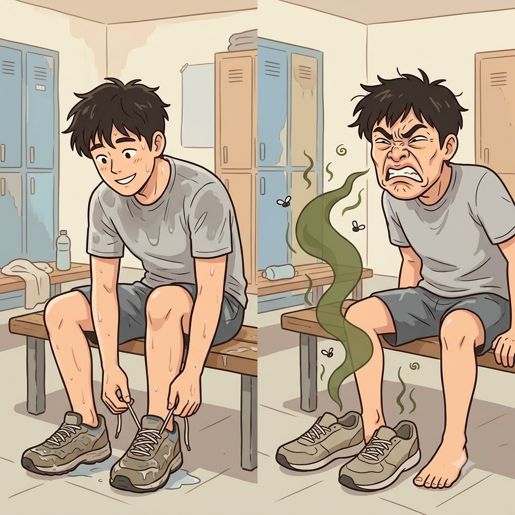 Taking off his sweaty shoes, the man made an ugly scowl to show his disgust at the totally foul odor.