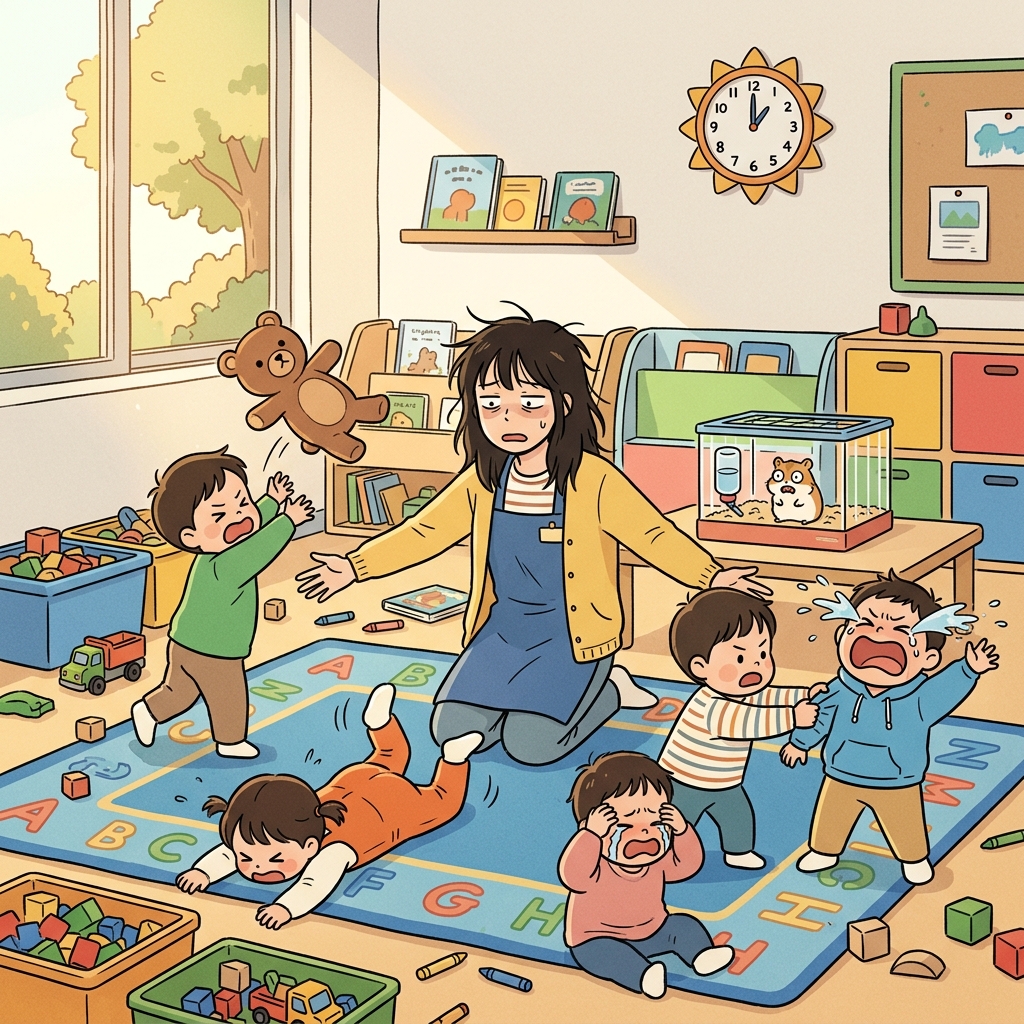 The fractious toddlers turned the daycare into total chaos before nap time.