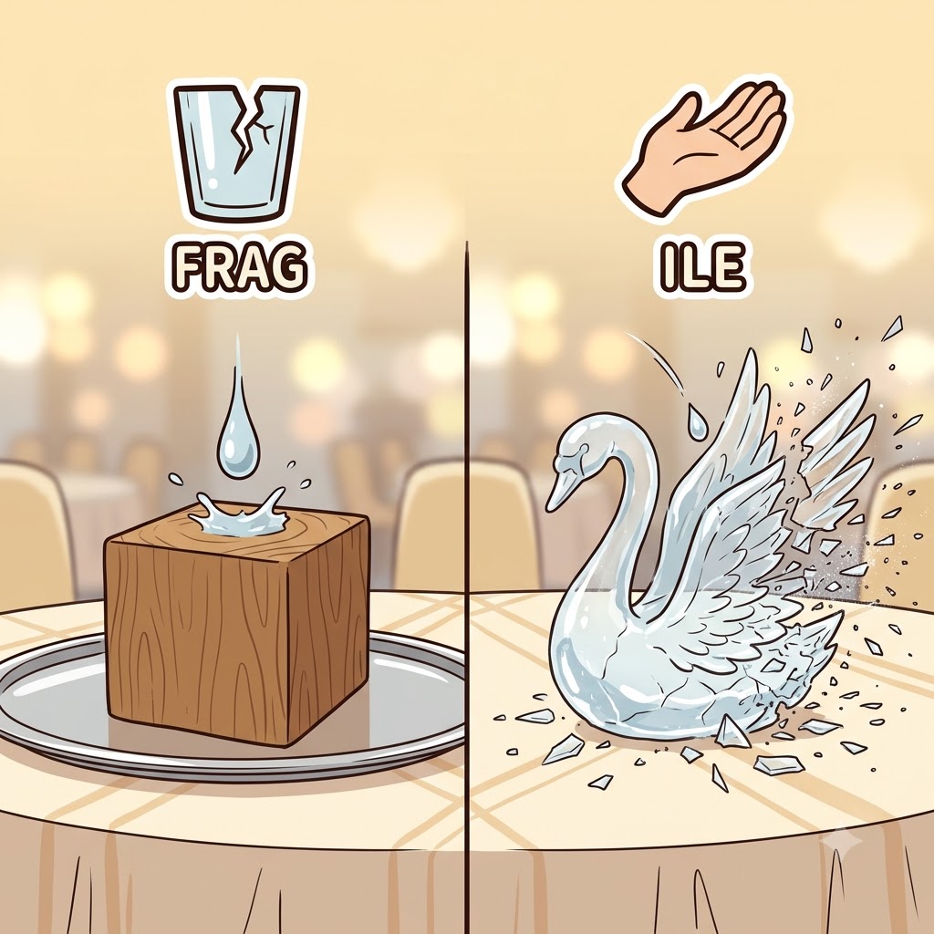 FRAG(부서지다) + ILE(~하기 쉬운) — 갑작스럽게 부서지기(FRAG) 쉬운(ILE) 성질 때문에, 얼음 백조는 완전히 연약하고 부서지기 쉬운(fragile) 장식품임이 드러났다.