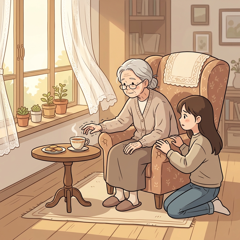 The frail grandmother slowly reached for her teacup with trembling hands.