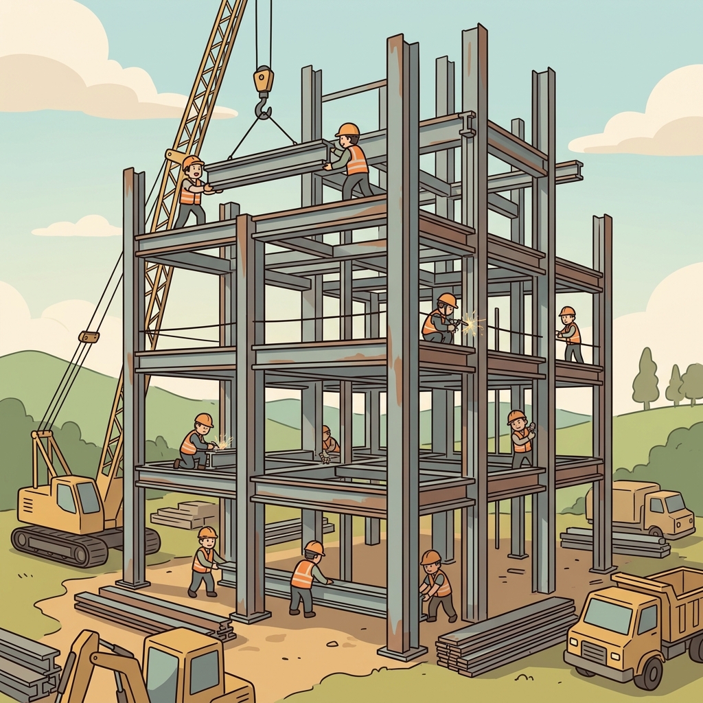 The architect built the steel framework before adding the walls and roof.