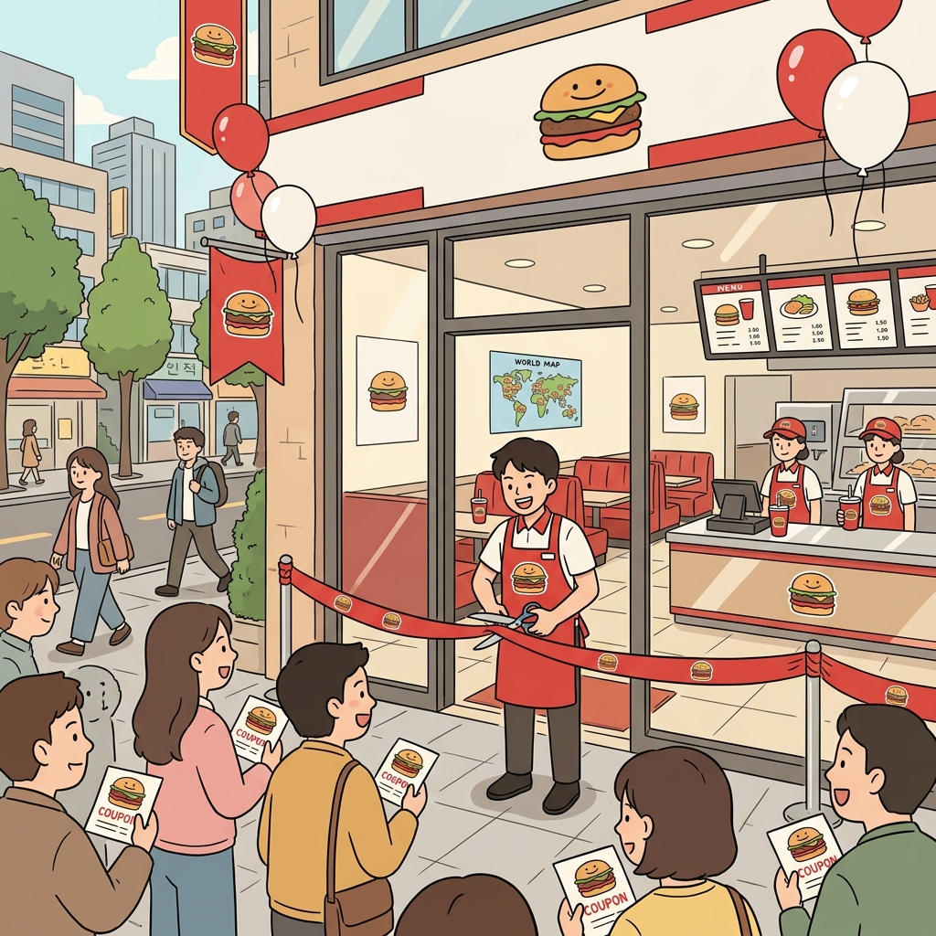A new franchise burger shop opens with the same logo as thousands worldwide.