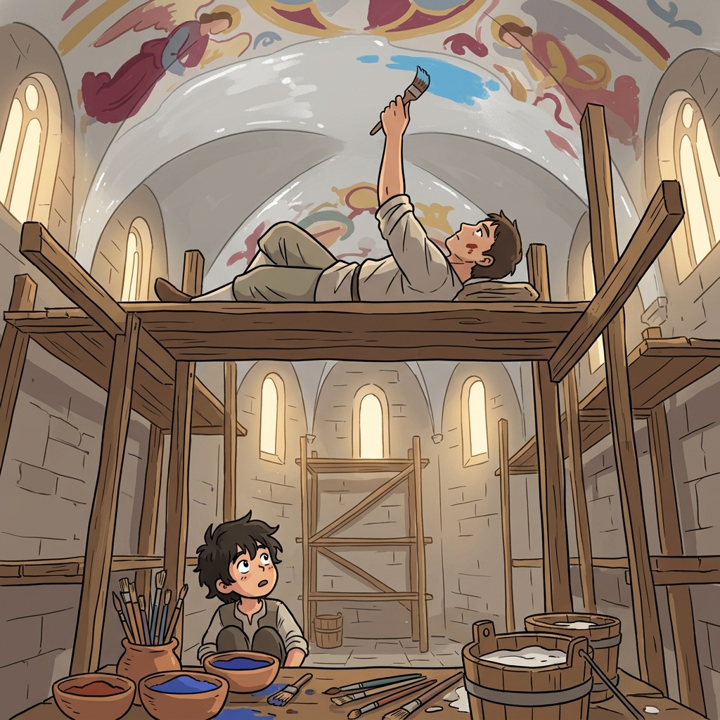 The artist paints a giant fresco on the wet chapel ceiling.