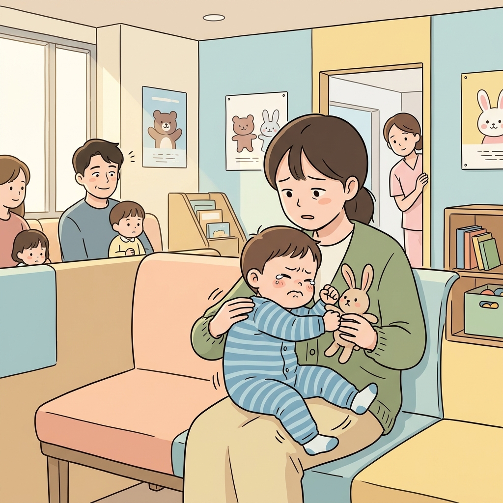 병원 대기실에서 아이가 계속 칭얼거리며 엄마 품에서 몸을 뒤튼다.